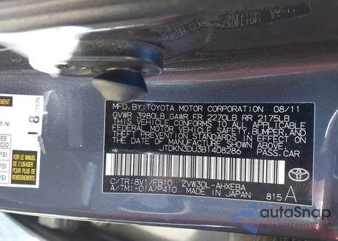 2011 Toyota Prius Two из США, поврежденный, VIN JTDKN3DU3B1408286